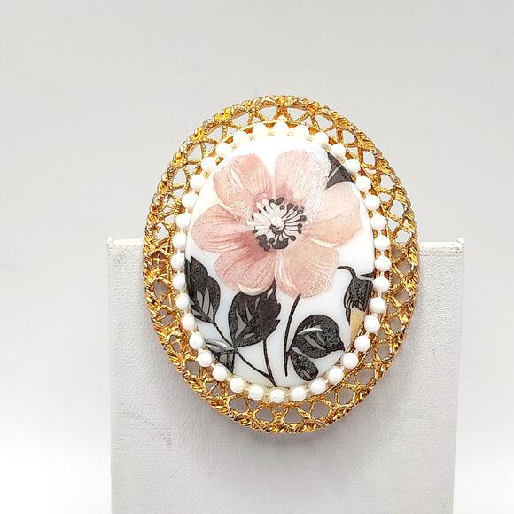 Vintage Hand Painted Porcelain Brooch, Pink Flower, 2 1/8", 1960s - Picture 11 of 11